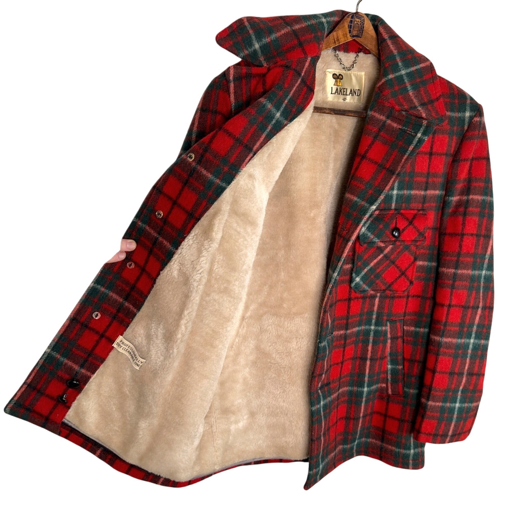 Huckberry Vintage L Wool Plaid Barn Coat $450 Shearling Chore Jacket Red 42 - Picture 6 of 9